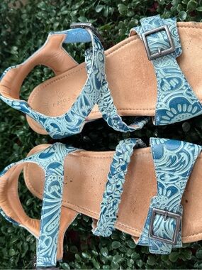 Women's Blue Patterned Braided-Strap Sandals